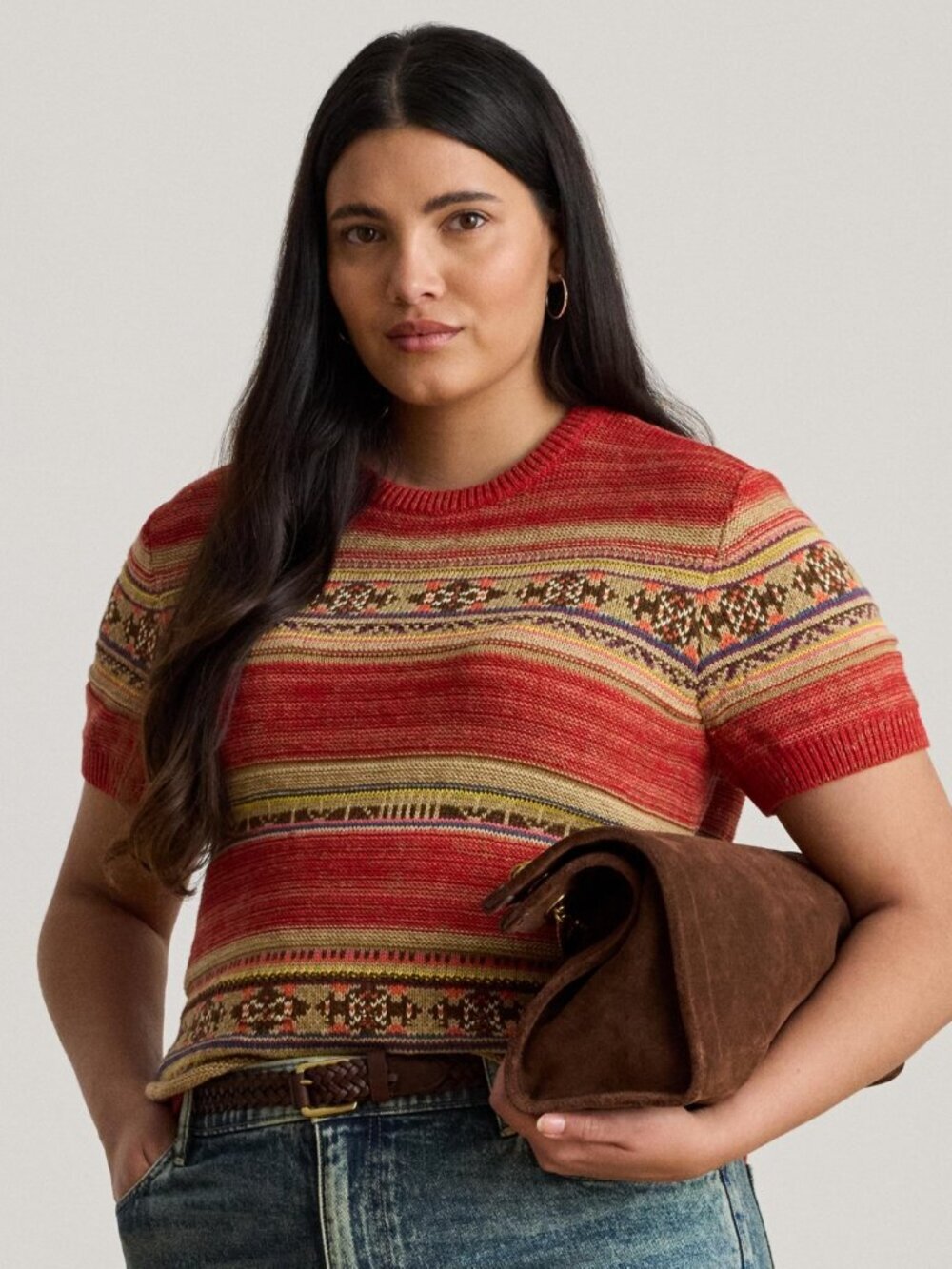 Lauren Ralph Lauren Plus Size Geo-Striped Short-Sleeve Sweater - Picture 7 of 7